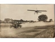 1910 ca. Race Car Pete Peterson driver vs. Aeroplane RPPC front screenshot