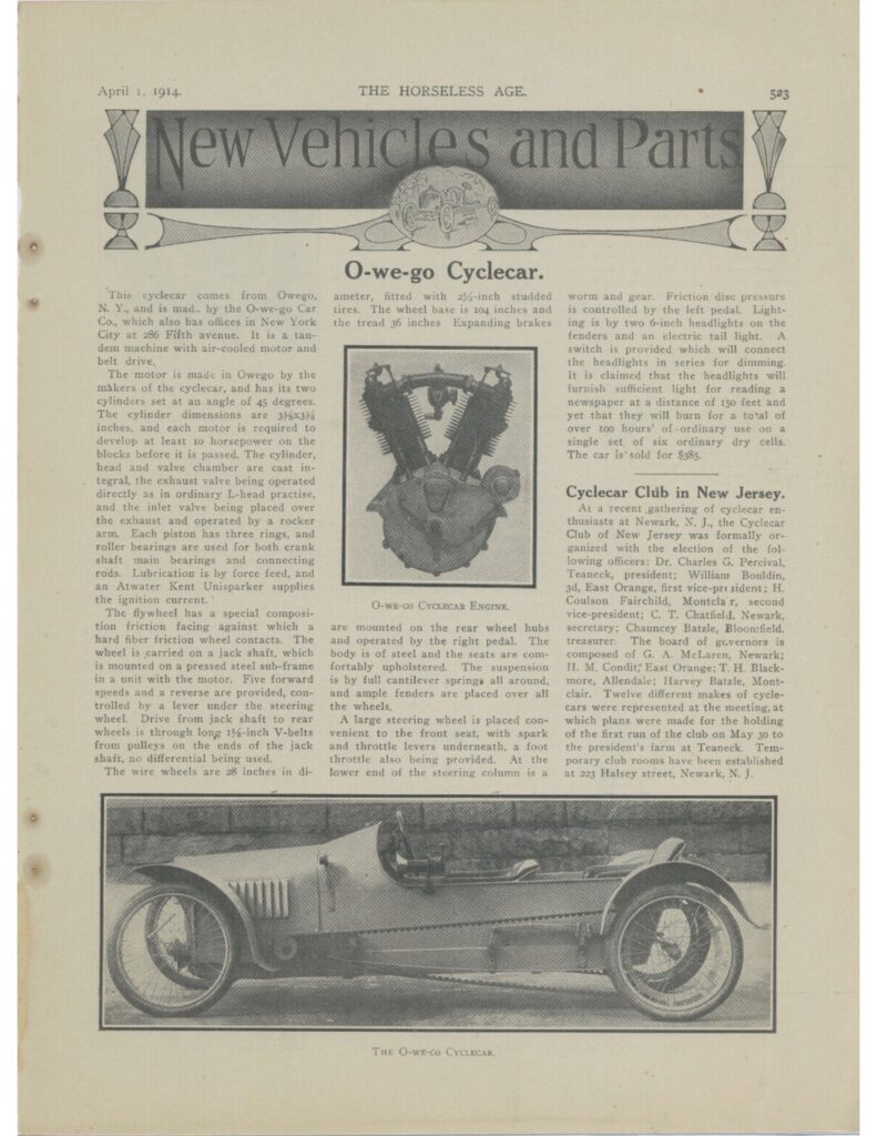 1914 4 1 New Vehicles and Parts O-we-go Cyclecar article THE HORSELESS ...