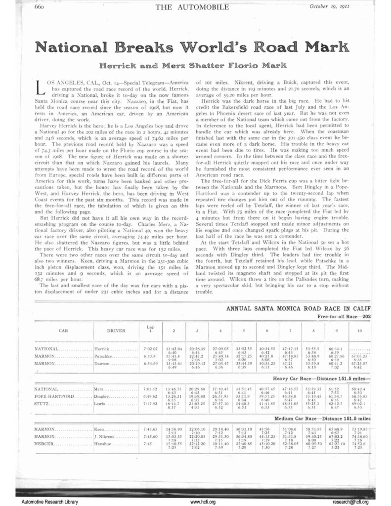 1911 10 19 Santa Monica National Breaks Worlds Road Mark article THE ...