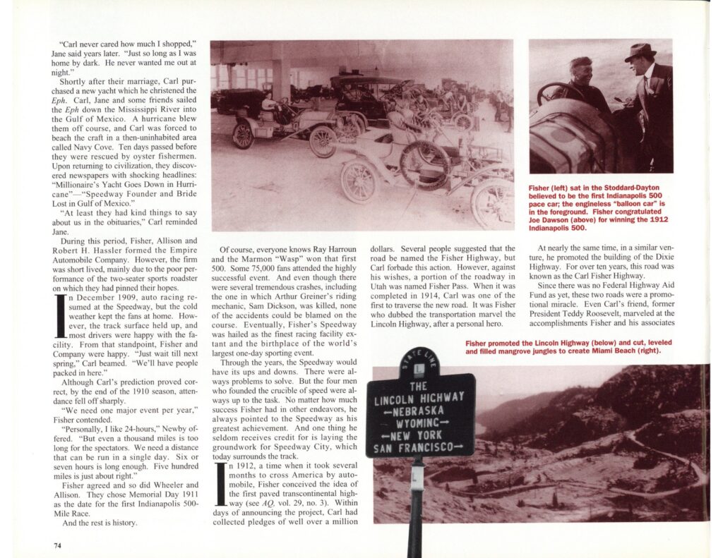 CARL G. FISHER By L. Spencer Riggs article AUTOMOBILE Quarterly No. 2 ...