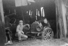 1949 ca. Pulling 1911 BERGDOLL Special Roadster from barn 6
