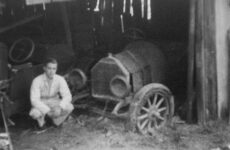 1949 ca. Pulling 1911 BERGDOLL Special Roadster from barn and a young ES Wilkins III (19 years in ’49) 7