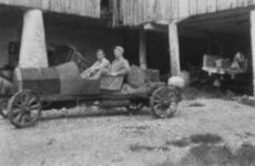 1949 ca. Pulling 1911 BERGDOLL Special Roadster from barn left side view 10