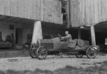 1949 ca. Pulling 1911 BERGDOLL Special Roadster from barn left side view 9