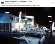 1967 Minneapolis 800 block Hennepin Avenue at night FB
