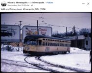 1954 Minneapolis, MN Winter trolley 44th and France Loop FB