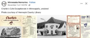 1960 ca Minneapolis, MN Charlie’s Cafe Exceptionale FB